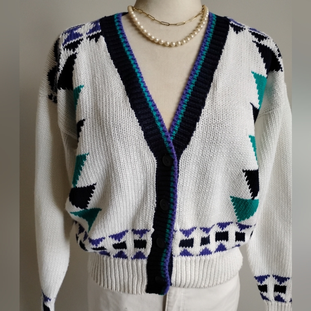 Extra Brand Vintage 80s Chunky Knit Southwestern Design Cropped Cardigan Medium - Picture 3 of 15
